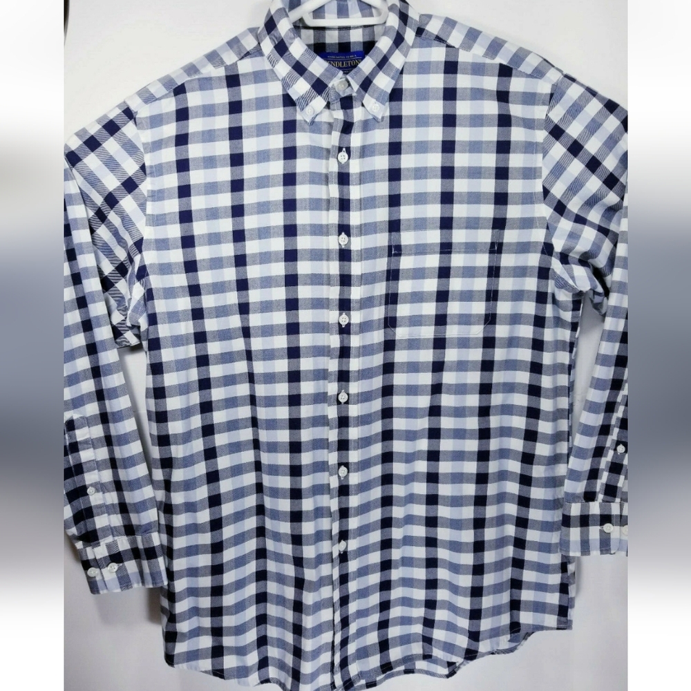 Pendleton Mens Large Shirt Button Up Long Sleeve 100% Cotton Blue Plaid